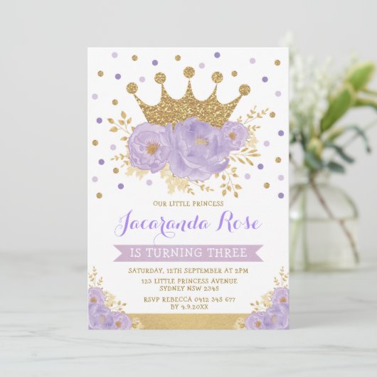 Paarse Violet Gold Crown Princess Birthday Kaart (Staand voorkant)