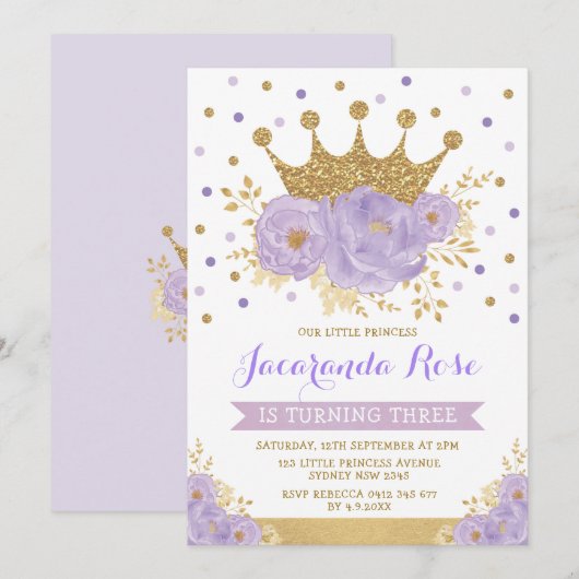 Paarse Violet Gold Crown Princess Birthday Kaart (Voorkant / Achterkant)
