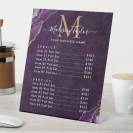 Paarse Violet Gold Glitter Agaat Marmer Monogram Reclamebord Met Voetstuk