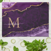 Paarse Violet Gold Glitter Geode Marmeren Monogram Theedoek (Gevouwen)