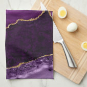 Paarse Violet Gold Glitter Geode Marmeren Monogram Theedoek (Quarter Fold)