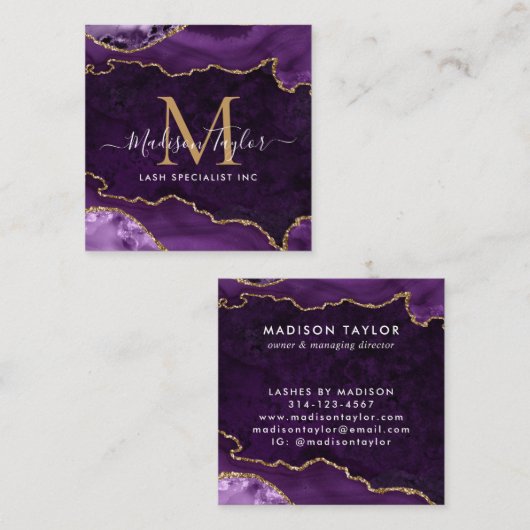 Paarse Violet Gold Glitter Marmeren Agaat Monogram Vierkante Visitekaartje (Voorkant / Achterkant)