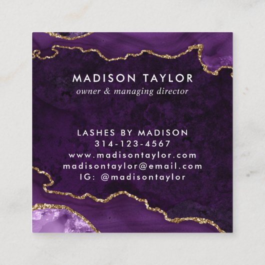 Paarse Violet Gold Glitter Marmeren Agaat Monogram Vierkante Visitekaartje (Achterkant)