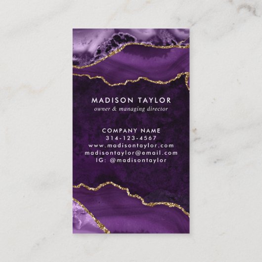 Paarse Violet Gold Glitter Marmeren Agaat Monogram Visitekaartje (Achterkant)