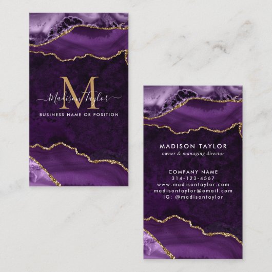 Paarse Violet Gold Glitter Marmeren Agaat Monogram Visitekaartje (Voorkant / Achterkant)