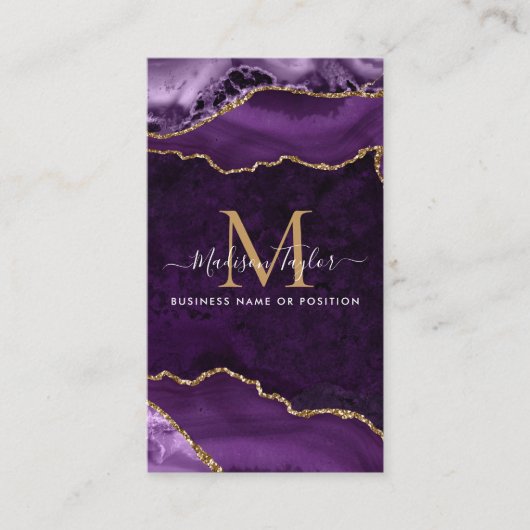 Paarse Violet Gold Glitter Marmeren Agaat Monogram Visitekaartje (Voorkant)