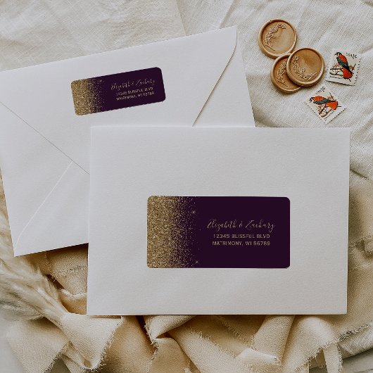 Paarse Violet Goud Glitter Bruiloft Retouradres Etiket