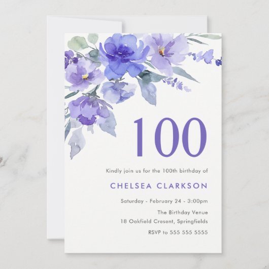 Paarse Violet & Lavendel 100ste Verjaardagsfeest Kaart (Voorkant)