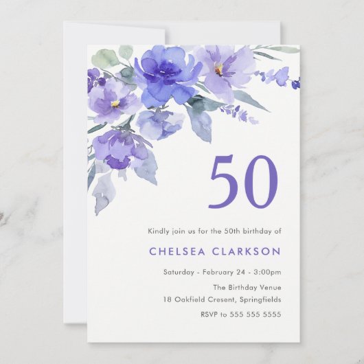 Paarse Violet & Lavendel 50ste Verjaardagsfeest Kaart (Voorkant)