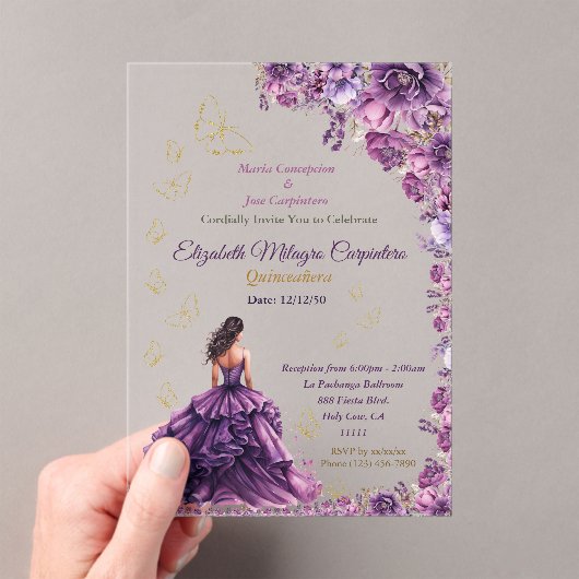 Paarse Violet Lila Lavendel Mauve Quinceañera Acryl Uitnodigingen (Insitu (Draagbaar))