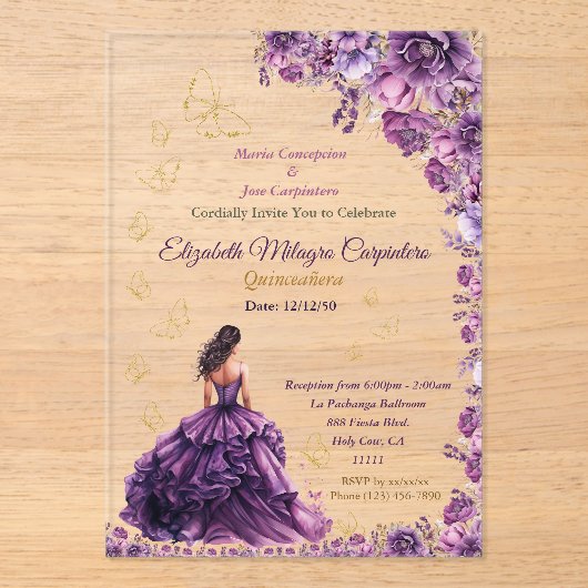 Paarse Violet Lila Lavendel Mauve Quinceañera Acryl Uitnodigingen (Voorkant)