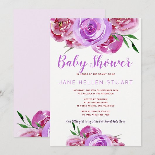Paarse violet mauve pioenrozen boeket baby shower kaart (Voorkant / Achterkant)