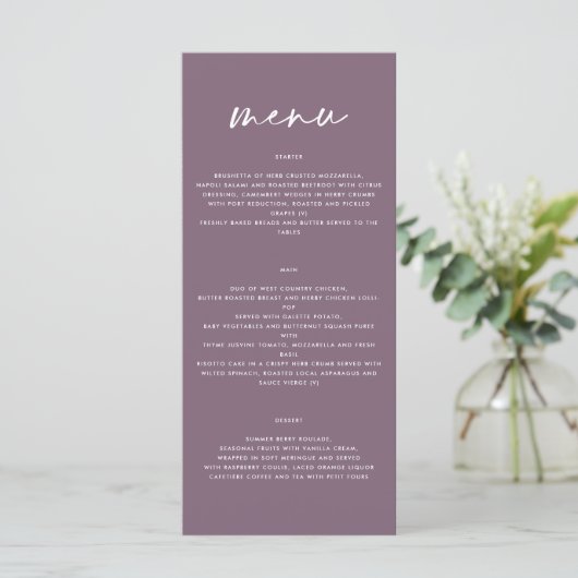 Paarse violet modern eenvoudig elegant script brui menu (Staand voorkant)