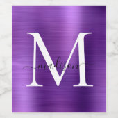 Paarse Violet Monogram Girly Script Metallic Steel Wijn Etiket (Enkel label)