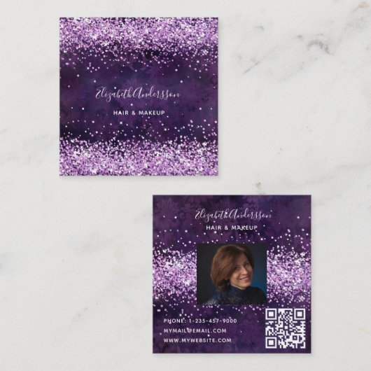 Paarse violet profiel foto QR code Vierkante Visitekaartje (Voorkant / Achterkant)