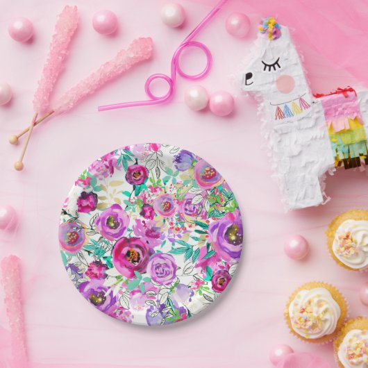 Paarse Violet Roze Kleurrijk Modern Bloemenpatroon Papieren Bordje (Feest)