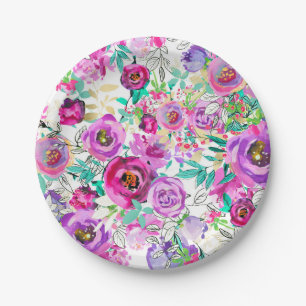Paarse Violet Roze Kleurrijk Modern Bloempatroon Papieren Bordje