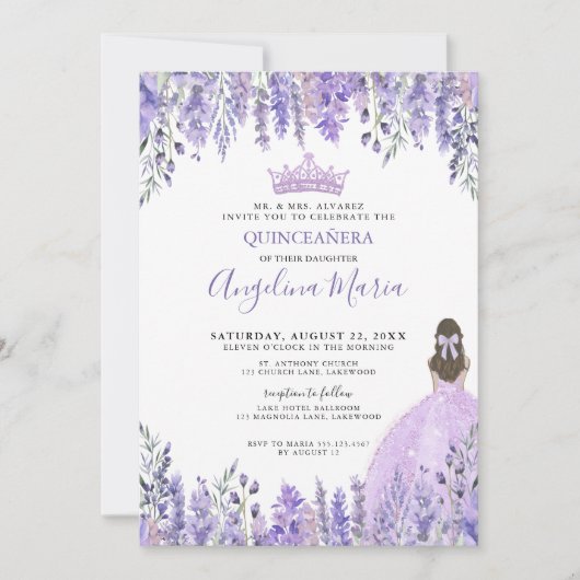 Paarse Violet Sparkle Tiara Floral Quinceañera Kaart (Voorkant)