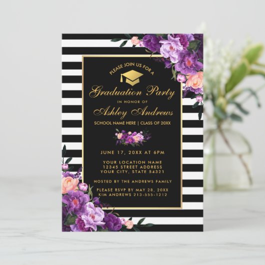 Paarse Violet Striped Graduparty uitnodigen Kaart (Staand voorkant)