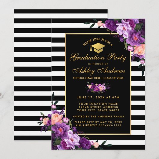 Paarse Violet Striped Graduparty uitnodigen Kaart (Voorkant / Achterkant)