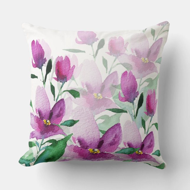 Paarse Violet Waterverf Bloemenschildering Kussen (Voorkant)