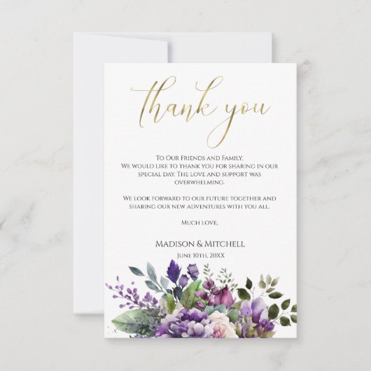 Paarse Violet Waterverf Boeket Gold Script Bedankkaart (Voorkant)