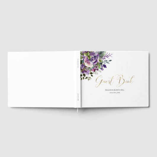 Paarse Violet Waterverf Boeket Gold Script Gastenboek (Volledig)