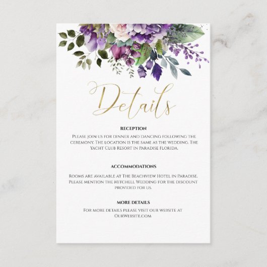 Paarse Violet Waterverf Boeket Gold Script Informatiekaartje (Voorkant)