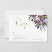 Paarse Violet Waterverf Boeket Gold Script RSVP Kaartje (Voorkant)