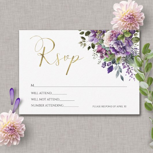 Paarse Violet Waterverf Boeket Gold Script RSVP Kaartje