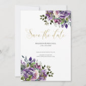 Paarse Violet Waterverf Boeket Gold Script Save The Date (Voorkant)