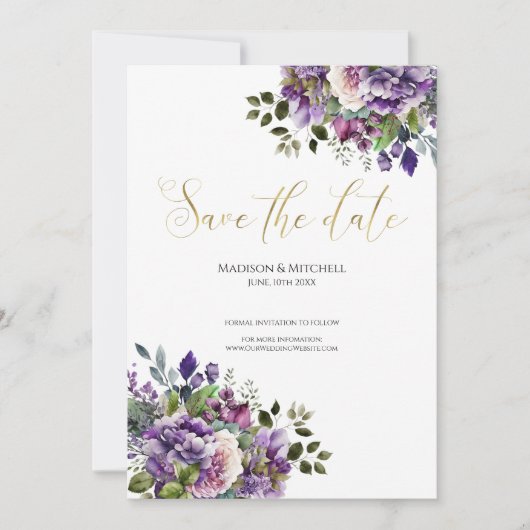 Paarse Violet Waterverf Boeket Gold Script Save The Date (Voorkant)