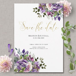 Paarse Violet Waterverf Boeket Gold Script Save The Date