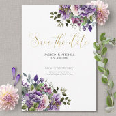 Paarse Violet Waterverf Boeket Gold Script Save The Date