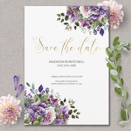 Paarse Violet Waterverf Boeket Gold Script Save The Date