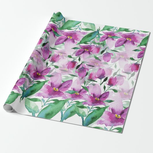Paarse Violet Waterverf Floral handbeschilderd Cadeaupapier (Uitgerold)