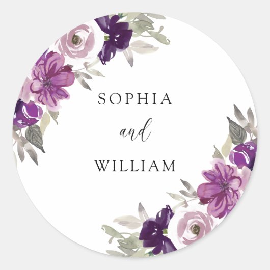 Paarse Violet Waterverf Flowers Weddenschappen Ronde Sticker (Voorkant)