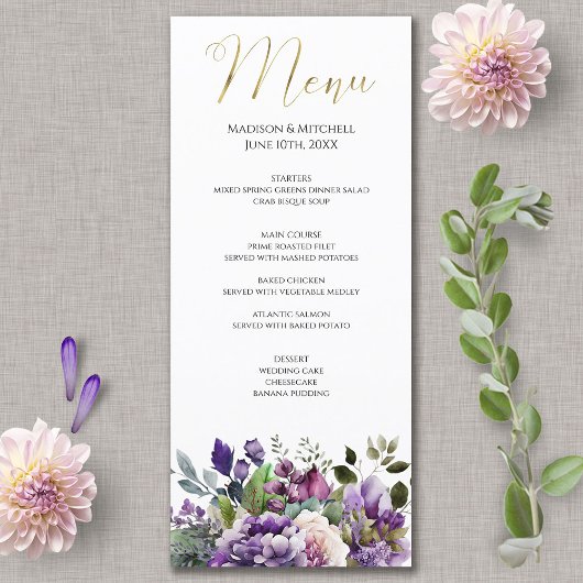 Paarse Violet Waterverfboeket Gouden Script Menu
