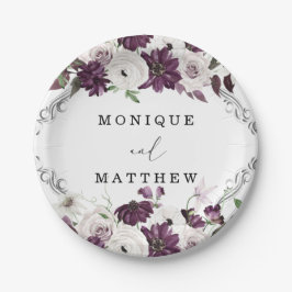 Paarse Violet White Roses Zilver Geometric Wedding Papieren Bordje