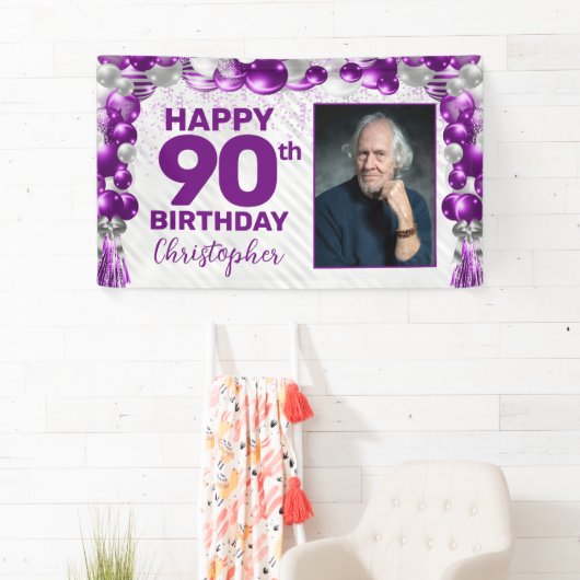 Paarse Violet Zilveren Ballon Foto 90e Verjaardag Spandoek (Insitu)
