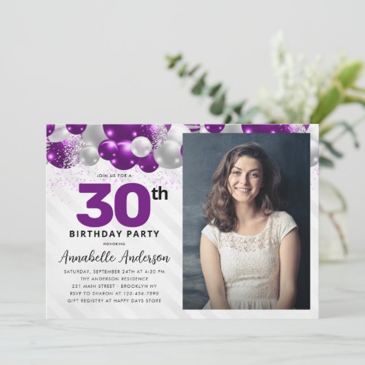 Paarse Violet Zilveren Ballon Foto Verjaardag Kaart (Staand voorkant)