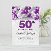 Paarse Violet Zilveren Ballon Glitter 50ste Verjaa Kaart (Staand voorkant)