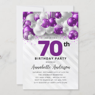 Paarse Violet Zilveren Ballon Glitter 70e Verjaard Kaart