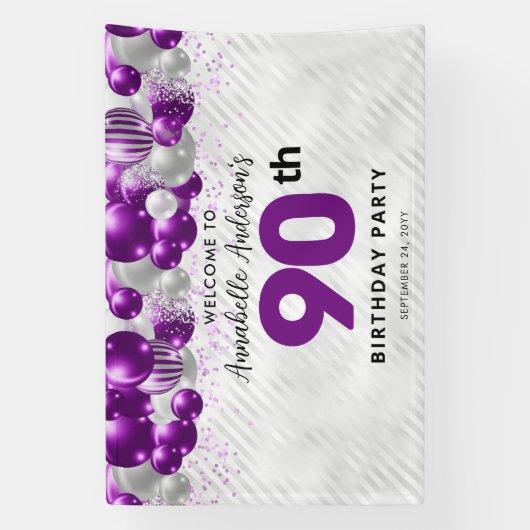 Paarse Violet Zilveren Ballon Welkom 90e Verjaarda Spandoek (Verticaal)