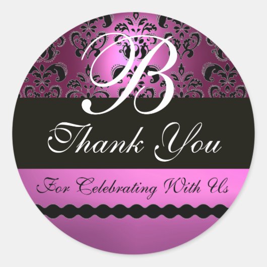 PAARSE VIOLET ZWART DAMASK MONOGRAM RONDE STICKER (Voorkant)