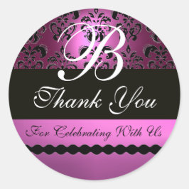 PAARSE VIOLET ZWART DAMASK MONOGRAM RONDE STICKER