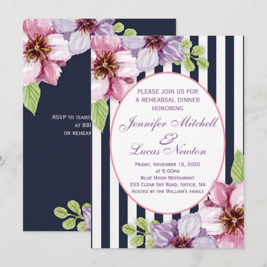 Paarse violetbloemen repetitief Dinner Kaart (Voorkant / Achterkant)