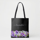 Paarse violetfloralen monogram zwart script tote bag (Voorkant)
