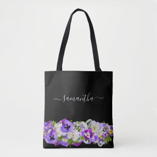 Paarse violetfloralen monogram zwart script tote bag (Voorkant)