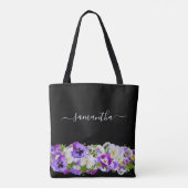 Paarse violetfloralen monogram zwart script tote bag (Achterkant)